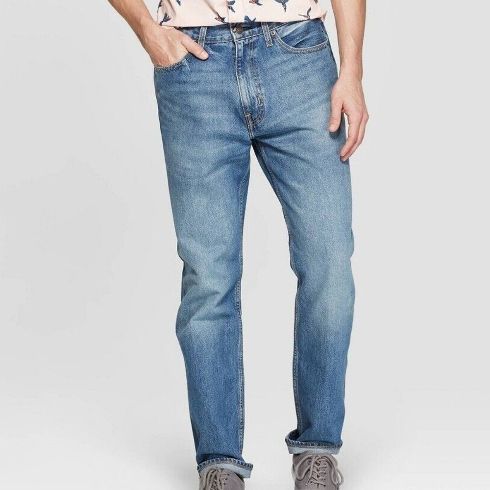 Men's Goodfellow Relaxed Denim Jeans 30x32 Straight Leg Blue Medium Wash NEW